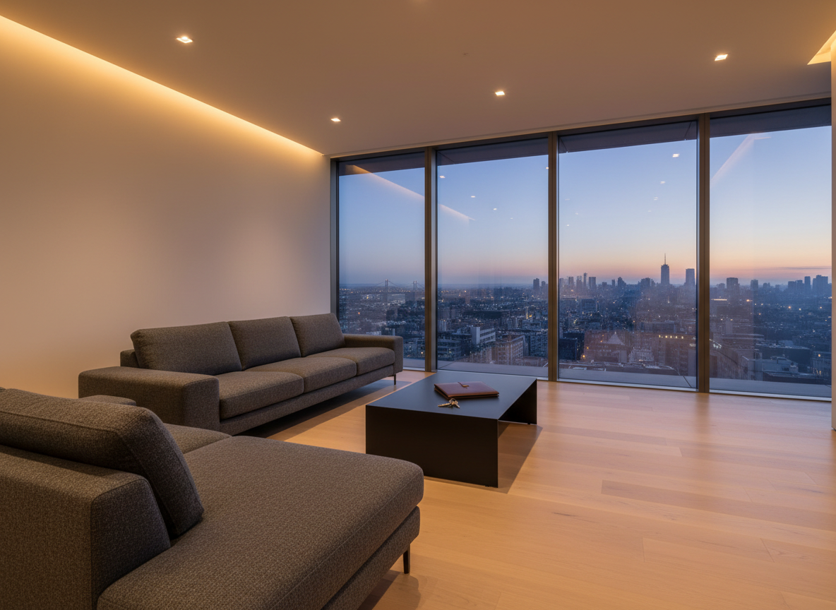 A meticulously staged modern living room in a high-end urban condo, featuring a floor-to-ceiling window that reveals a softly blurred city skyline at dusk. In the foreground, a low-profile charcoal gray sectional sofa with crisp upholstery faces a sleek matte-black coffee table holding a single set of keys and a closed leather property folder. Warm recessed ceiling lights and subtle cove lighting wash the space with a calm, professional glow, creating gentle reflections on the wide-plank oak flooring. Shot at eye level in photographic realism with a wide-angle lens, the composition follows the rule of thirds, emphasizing openness and privacy, evoking the exclusivity and quiet appeal of an off-market real estate opportunity.
